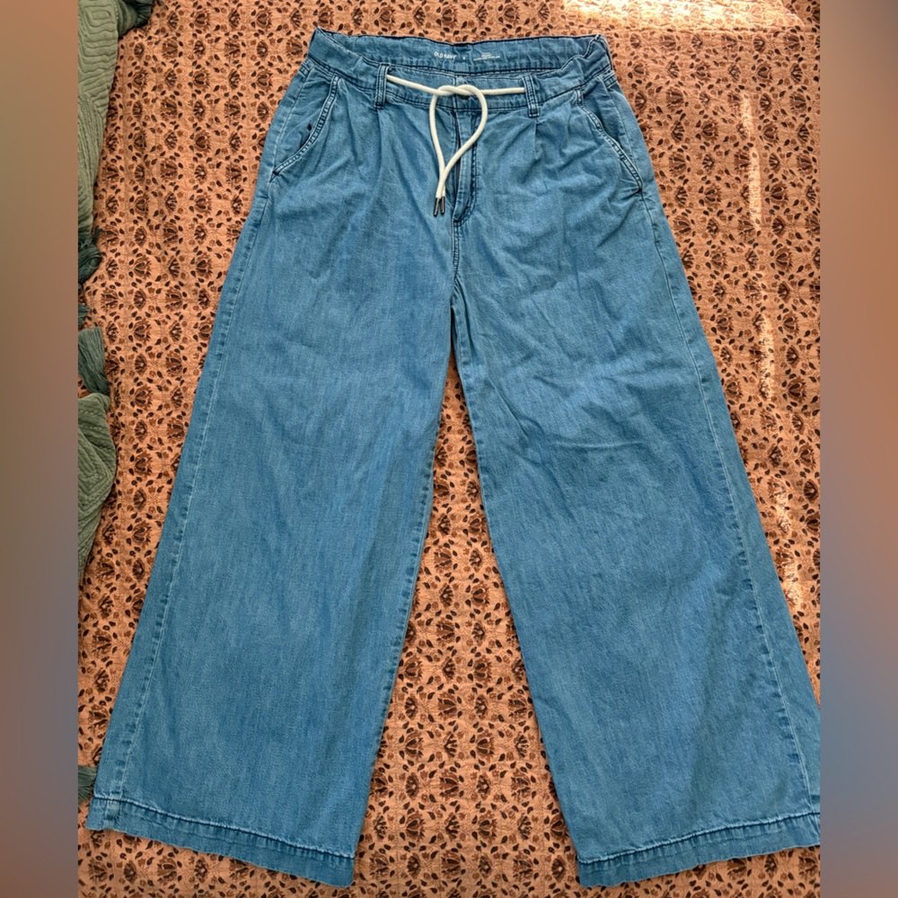 Light Wash Drawstring Denim Wideleg pant - Blue